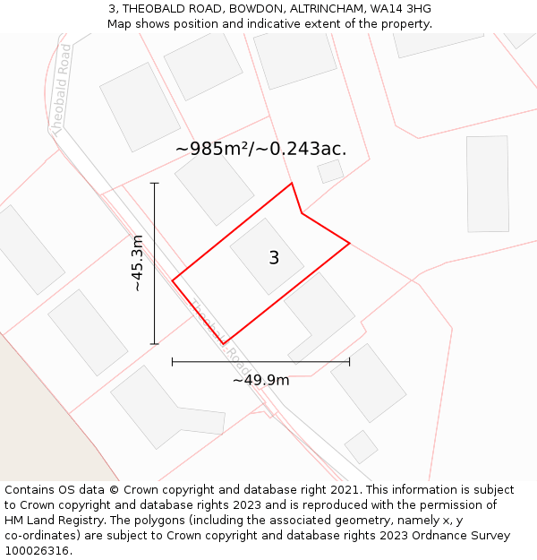 3, THEOBALD ROAD, BOWDON, ALTRINCHAM, WA14 3HG: Plot and title map