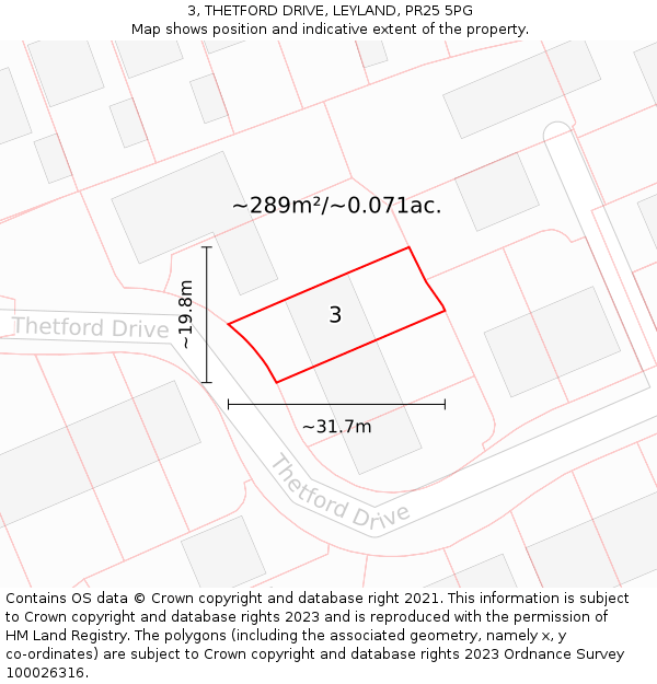 3, THETFORD DRIVE, LEYLAND, PR25 5PG: Plot and title map