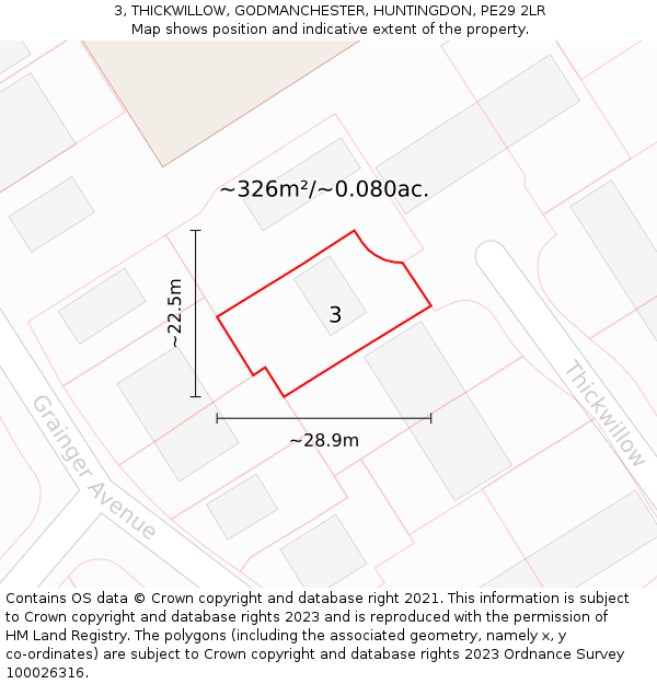 3, THICKWILLOW, GODMANCHESTER, HUNTINGDON, PE29 2LR: Plot and title map