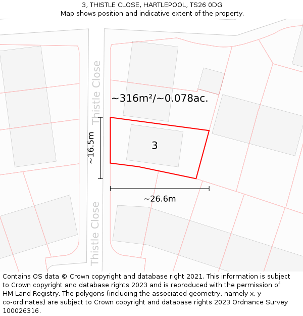 3, THISTLE CLOSE, HARTLEPOOL, TS26 0DG: Plot and title map