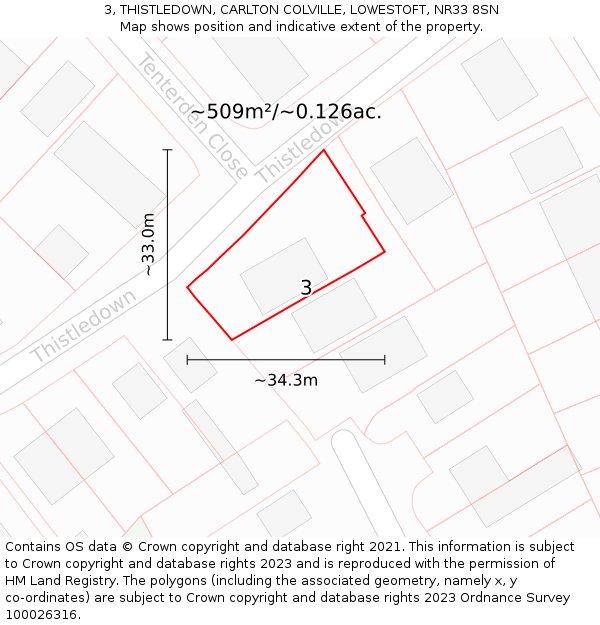 3, THISTLEDOWN, CARLTON COLVILLE, LOWESTOFT, NR33 8SN: Plot and title map