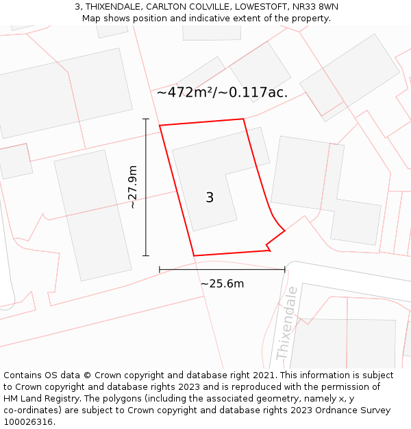 3, THIXENDALE, CARLTON COLVILLE, LOWESTOFT, NR33 8WN: Plot and title map