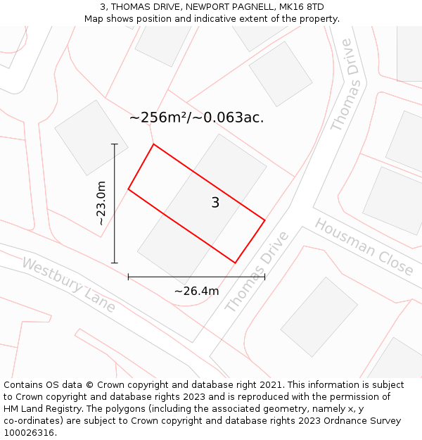 3, THOMAS DRIVE, NEWPORT PAGNELL, MK16 8TD: Plot and title map