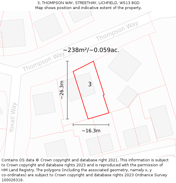 3, THOMPSON WAY, STREETHAY, LICHFIELD, WS13 8GD: Plot and title map