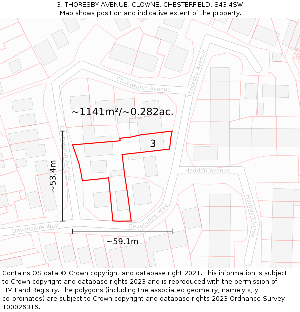 3, THORESBY AVENUE, CLOWNE, CHESTERFIELD, S43 4SW: Plot and title map