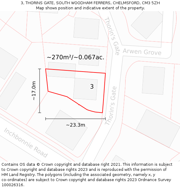 3, THORINS GATE, SOUTH WOODHAM FERRERS, CHELMSFORD, CM3 5ZH: Plot and title map