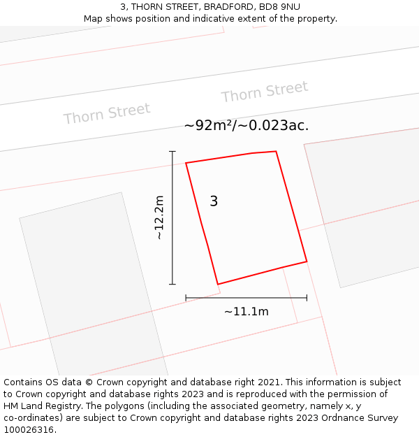 3, THORN STREET, BRADFORD, BD8 9NU: Plot and title map