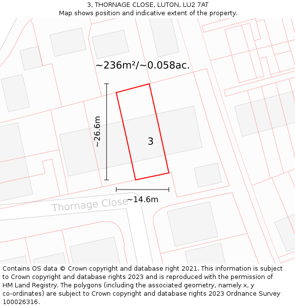 3, THORNAGE CLOSE, LUTON, LU2 7AT: Plot and title map