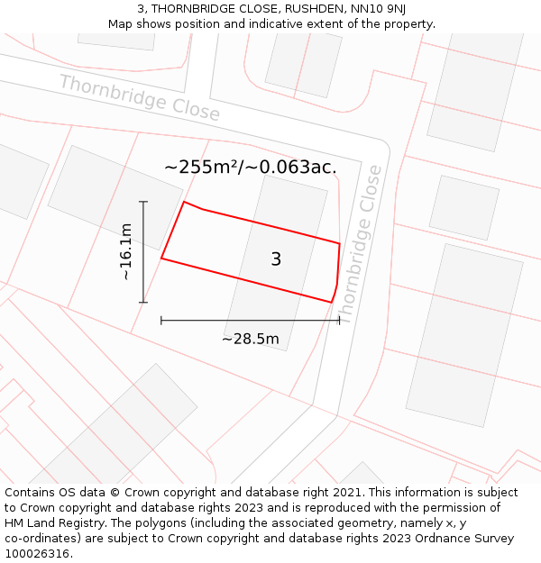 3, THORNBRIDGE CLOSE, RUSHDEN, NN10 9NJ: Plot and title map