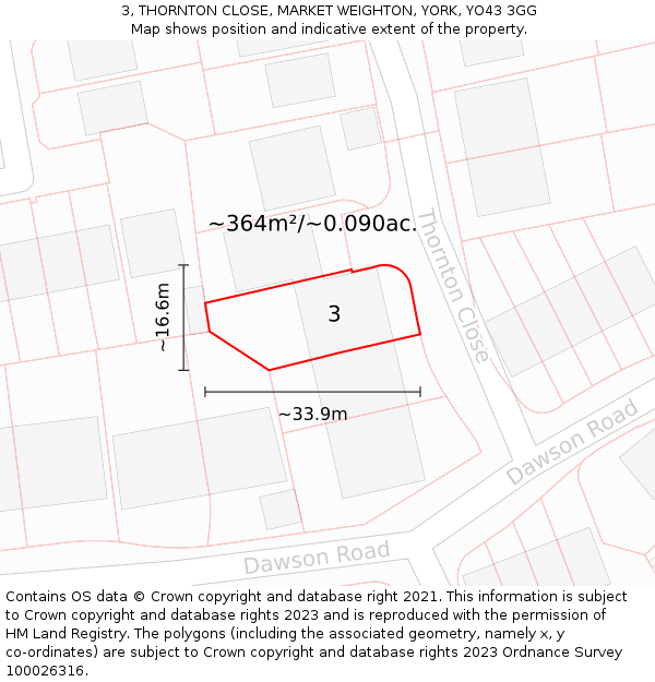3, THORNTON CLOSE, MARKET WEIGHTON, YORK, YO43 3GG: Plot and title map