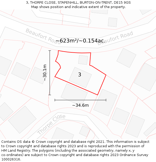 3, THORPE CLOSE, STAPENHILL, BURTON-ON-TRENT, DE15 9GS: Plot and title map