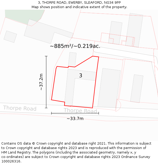 3, THORPE ROAD, EWERBY, SLEAFORD, NG34 9PP: Plot and title map