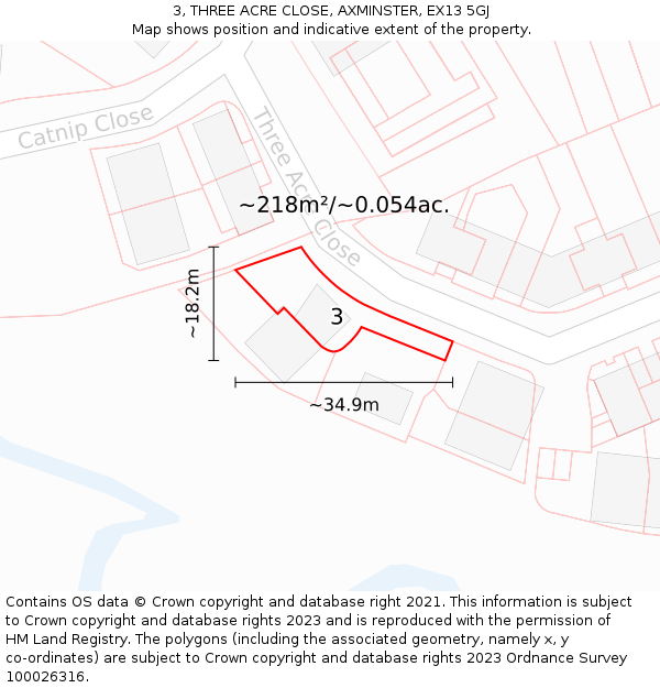 3, THREE ACRE CLOSE, AXMINSTER, EX13 5GJ: Plot and title map