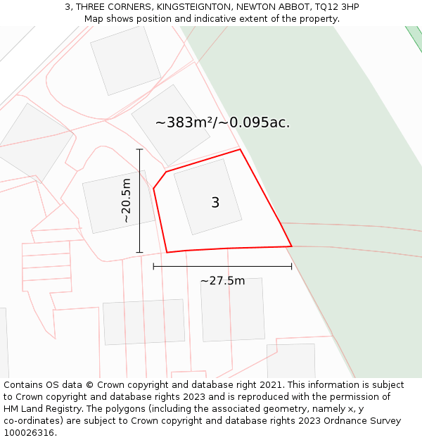 3, THREE CORNERS, KINGSTEIGNTON, NEWTON ABBOT, TQ12 3HP: Plot and title map