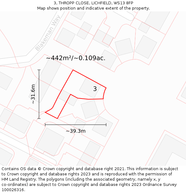 3, THROPP CLOSE, LICHFIELD, WS13 8FP: Plot and title map