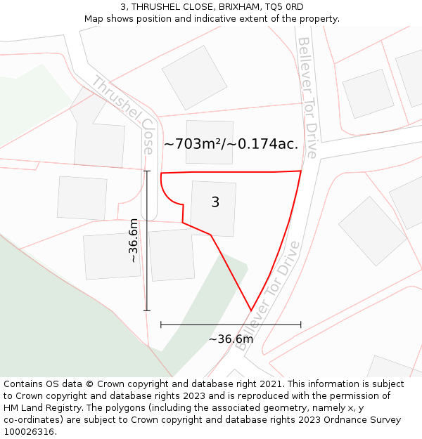 3, THRUSHEL CLOSE, BRIXHAM, TQ5 0RD: Plot and title map