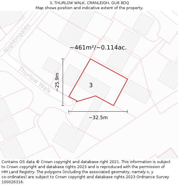 3, THURLOW WALK, CRANLEIGH, GU6 8DQ: Plot and title map