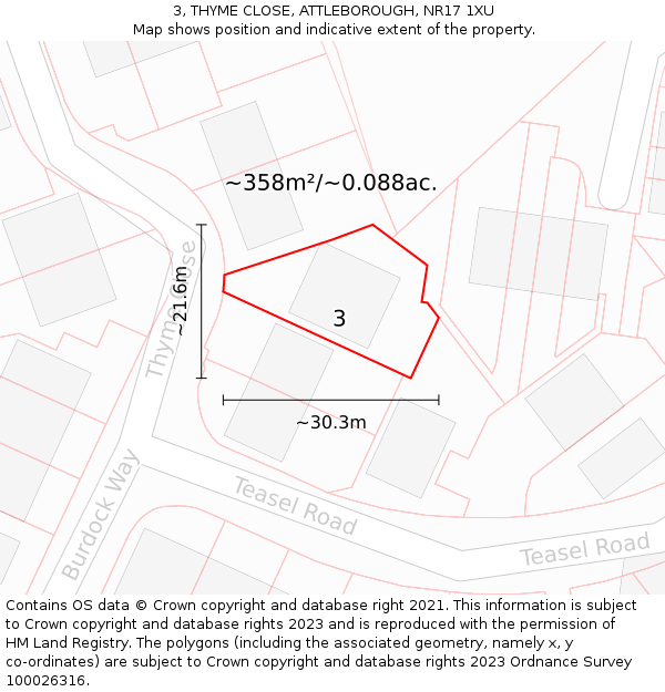 3, THYME CLOSE, ATTLEBOROUGH, NR17 1XU: Plot and title map
