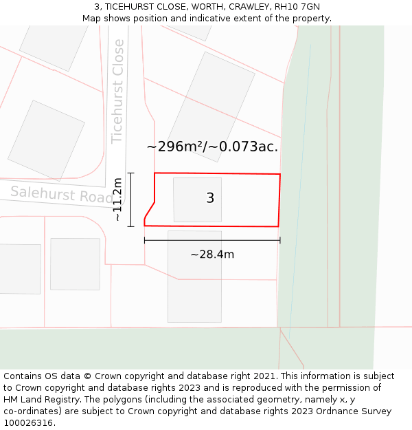 3, TICEHURST CLOSE, WORTH, CRAWLEY, RH10 7GN: Plot and title map