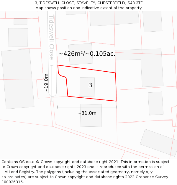 3, TIDESWELL CLOSE, STAVELEY, CHESTERFIELD, S43 3TE: Plot and title map