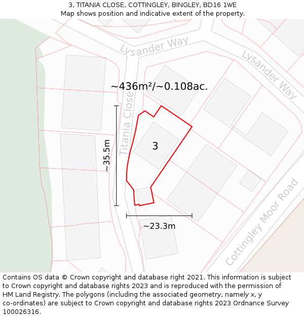 3, TITANIA CLOSE, COTTINGLEY, BINGLEY, BD16 1WE: Plot and title map