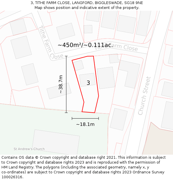 3, TITHE FARM CLOSE, LANGFORD, BIGGLESWADE, SG18 9NE: Plot and title map