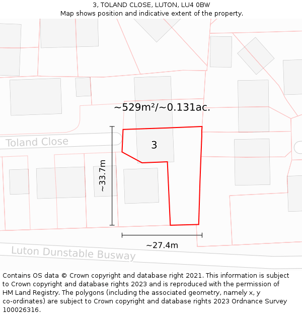 3, TOLAND CLOSE, LUTON, LU4 0BW: Plot and title map