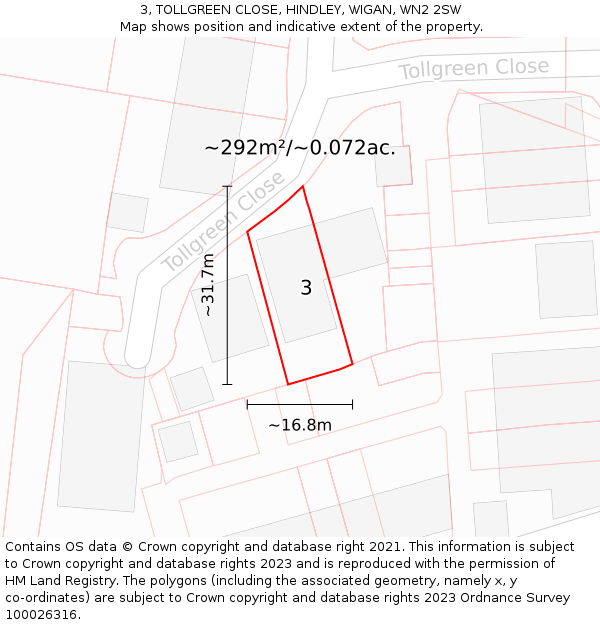 3, TOLLGREEN CLOSE, HINDLEY, WIGAN, WN2 2SW: Plot and title map