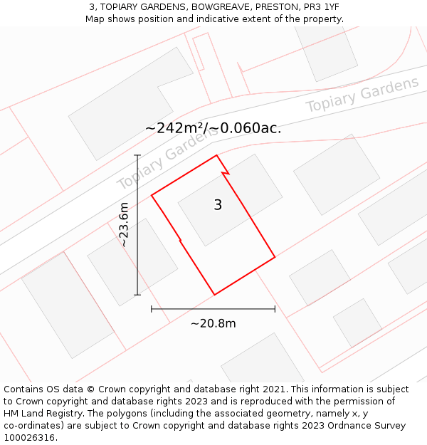 3, TOPIARY GARDENS, BOWGREAVE, PRESTON, PR3 1YF: Plot and title map