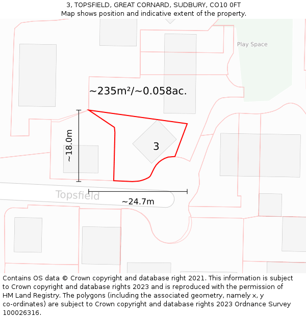 3, TOPSFIELD, GREAT CORNARD, SUDBURY, CO10 0FT: Plot and title map