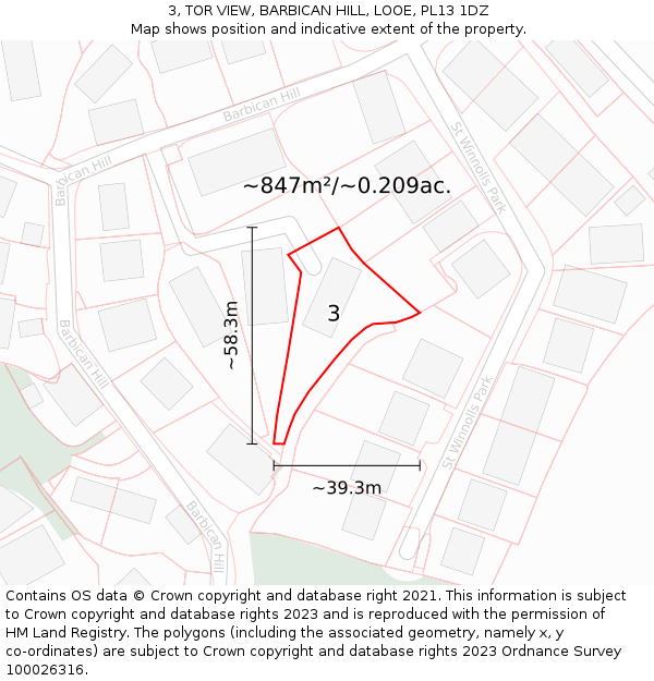 3, TOR VIEW, BARBICAN HILL, LOOE, PL13 1DZ: Plot and title map