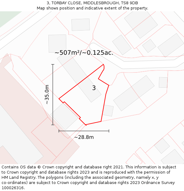 3, TORBAY CLOSE, MIDDLESBROUGH, TS8 9DB: Plot and title map