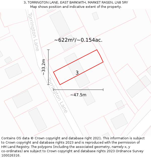 3, TORRINGTON LANE, EAST BARKWITH, MARKET RASEN, LN8 5RY: Plot and title map