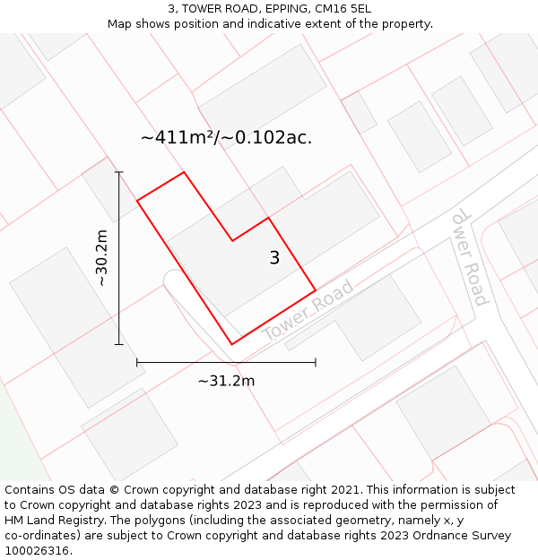 3, TOWER ROAD, EPPING, CM16 5EL: Plot and title map