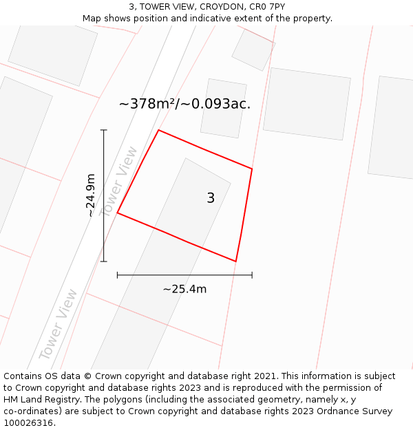 3, TOWER VIEW, CROYDON, CR0 7PY: Plot and title map
