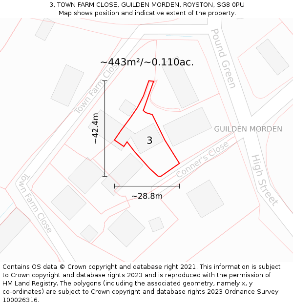 3, TOWN FARM CLOSE, GUILDEN MORDEN, ROYSTON, SG8 0PU: Plot and title map