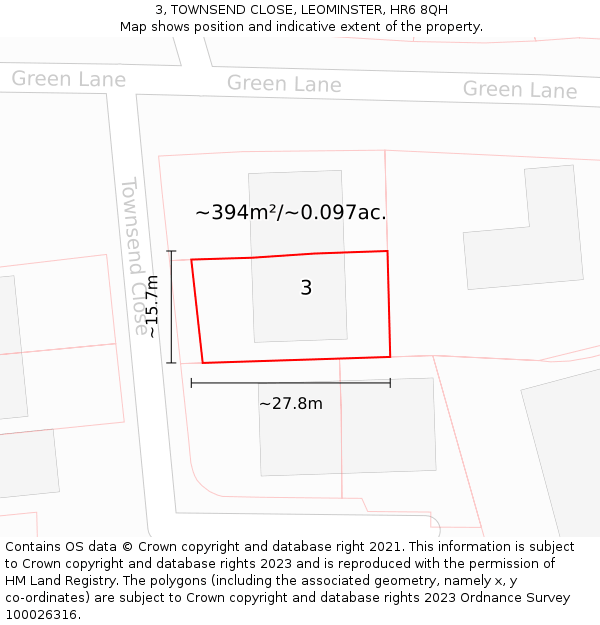 3, TOWNSEND CLOSE, LEOMINSTER, HR6 8QH: Plot and title map