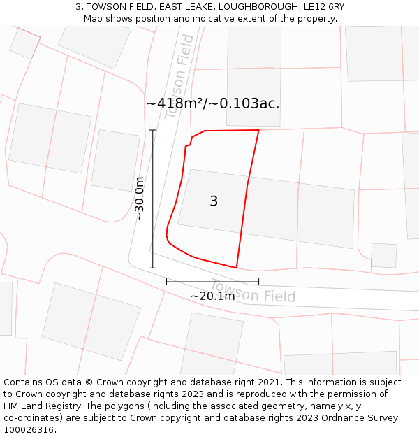 3, TOWSON FIELD, EAST LEAKE, LOUGHBOROUGH, LE12 6RY: Plot and title map