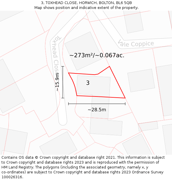 3, TOXHEAD CLOSE, HORWICH, BOLTON, BL6 5QB: Plot and title map