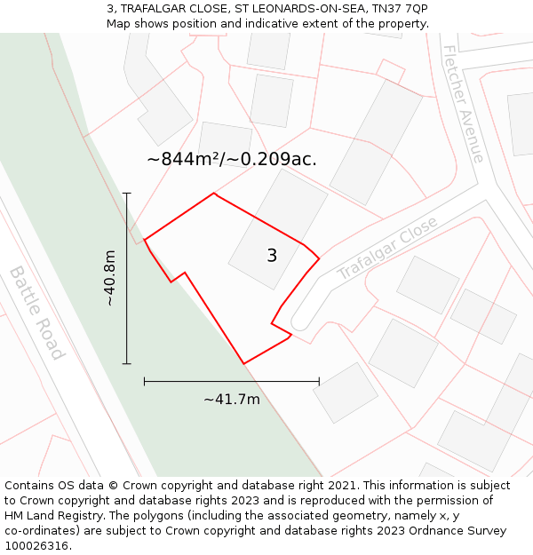 3, TRAFALGAR CLOSE, ST LEONARDS-ON-SEA, TN37 7QP: Plot and title map