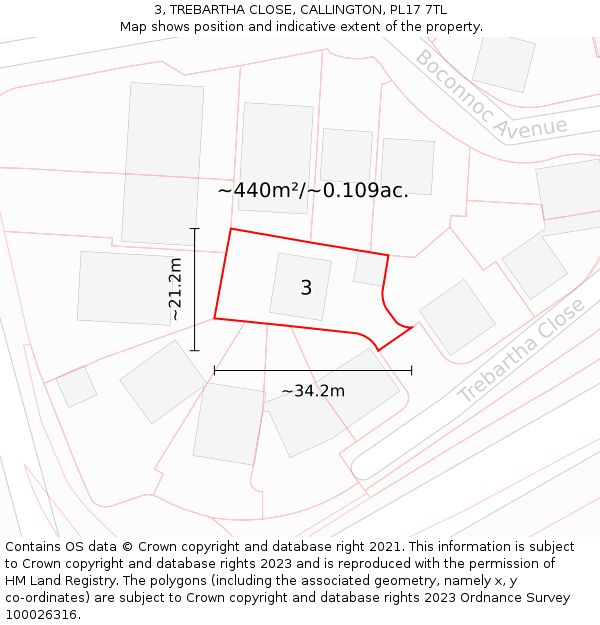 3, TREBARTHA CLOSE, CALLINGTON, PL17 7TL: Plot and title map