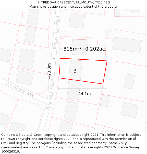 3, TREDOVA CRESCENT, FALMOUTH, TR11 4EQ: Plot and title map
