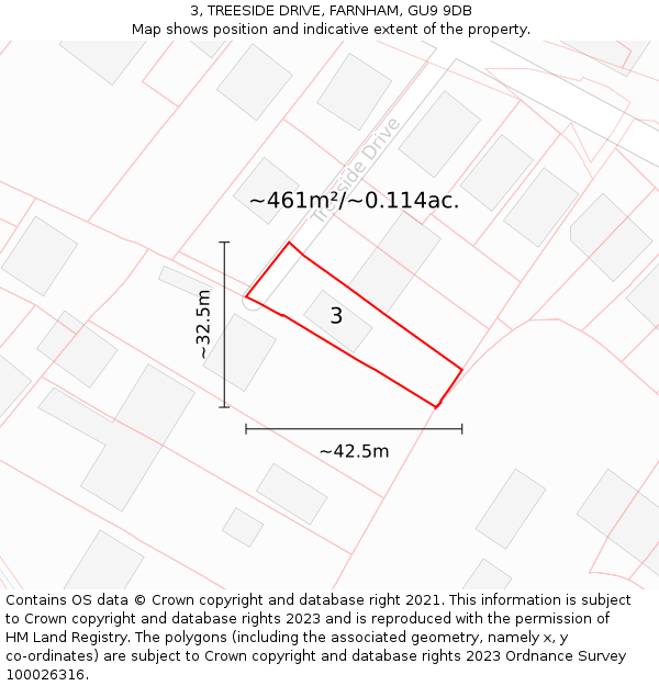3, TREESIDE DRIVE, FARNHAM, GU9 9DB: Plot and title map