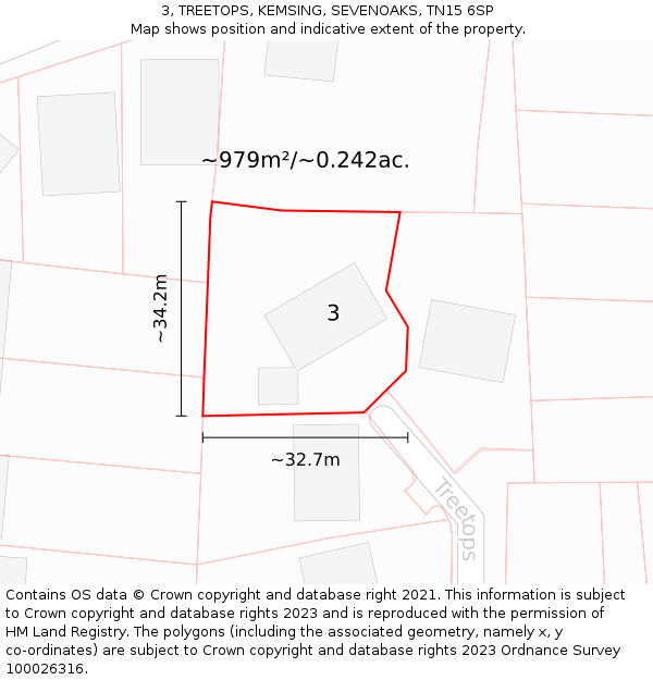 3, TREETOPS, KEMSING, SEVENOAKS, TN15 6SP: Plot and title map