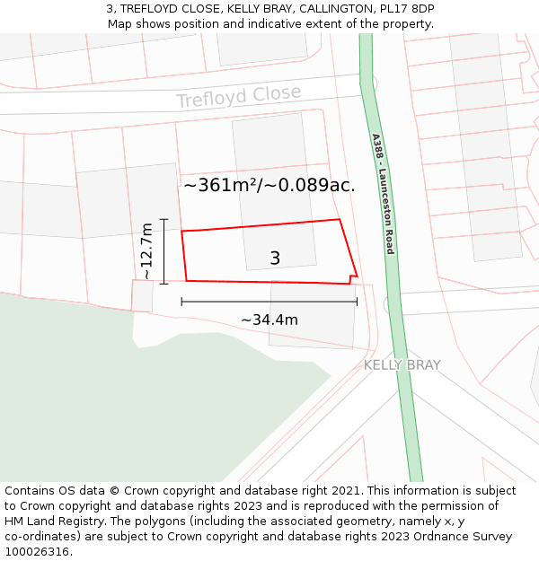 3, TREFLOYD CLOSE, KELLY BRAY, CALLINGTON, PL17 8DP: Plot and title map