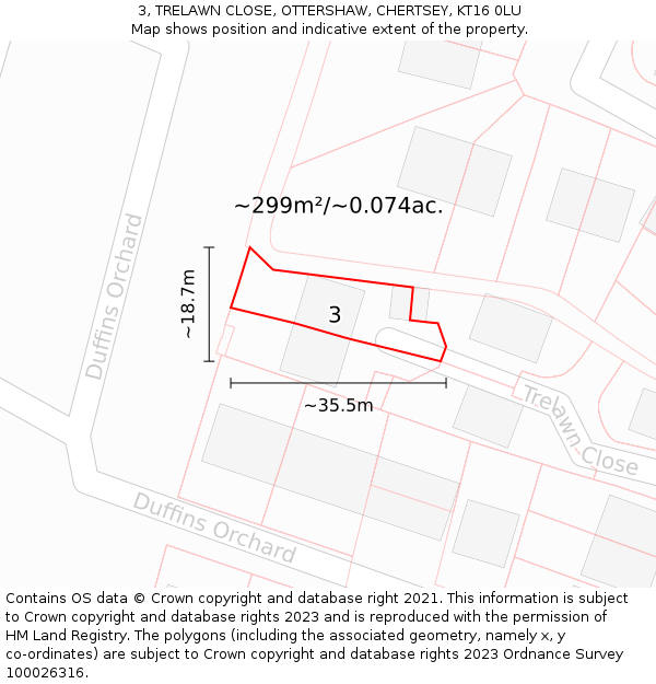 3, TRELAWN CLOSE, OTTERSHAW, CHERTSEY, KT16 0LU: Plot and title map