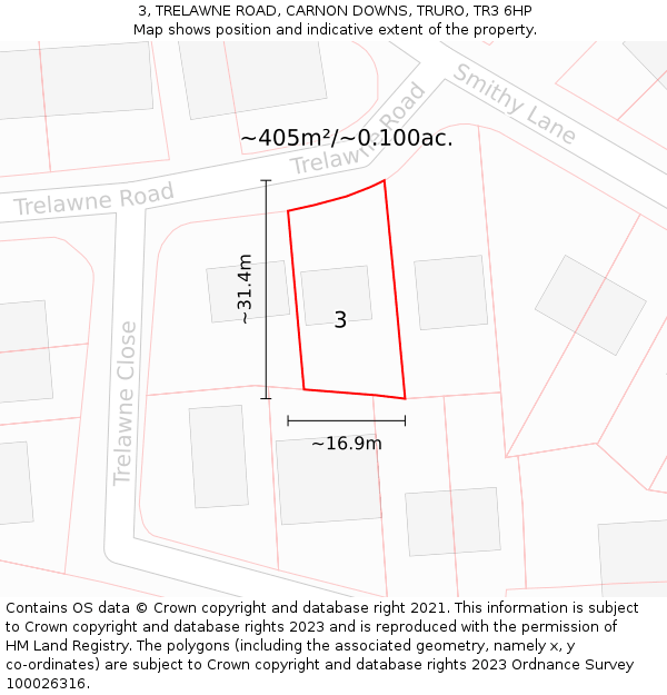 3, TRELAWNE ROAD, CARNON DOWNS, TRURO, TR3 6HP: Plot and title map