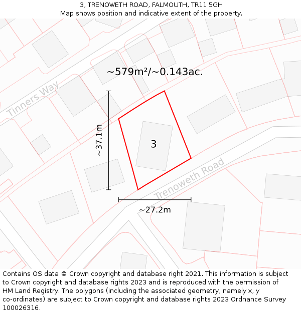 3, TRENOWETH ROAD, FALMOUTH, TR11 5GH: Plot and title map