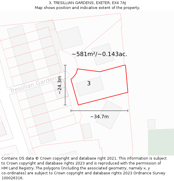 3, TRESILLIAN GARDENS, EXETER, EX4 7AJ: Plot and title map