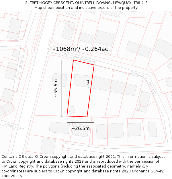 3, TRETHIGGEY CRESCENT, QUINTRELL DOWNS, NEWQUAY, TR8 4LF: Plot and title map